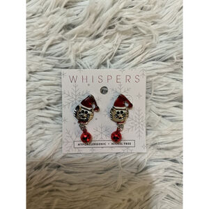 Women's Whispers Christmas Cat Santa Hat Jingle Bell Dangle Earrings Red Silver